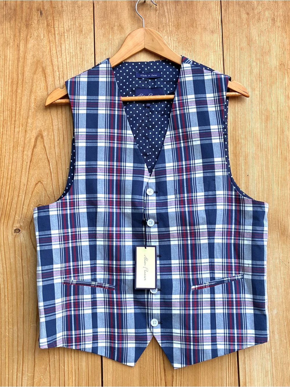 Alan Flusser NWT Plaid and Polka Dot Cotton Blend Vest Mens Sz Medium